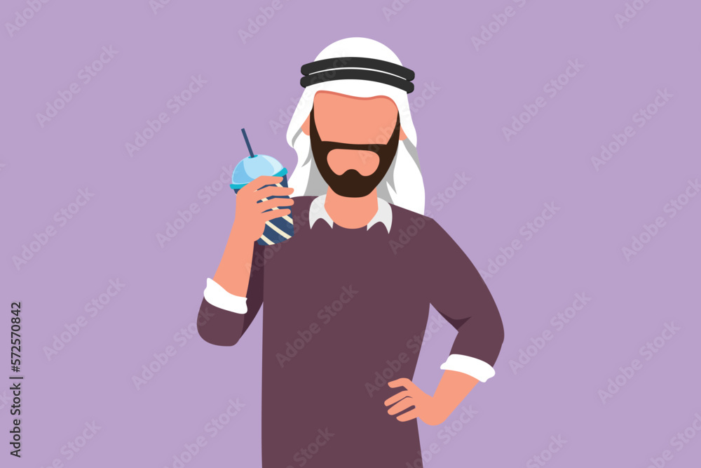 Character flat drawing handsome Arab man looking and holding plastic glass of orange juice with one hand on the waist. Feel thirsty and refreshing in summer season. Cartoon design vector illustration