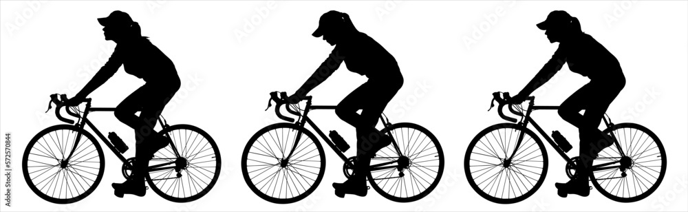 Obraz premium A group of cyclists in hats riding bicycles. Cycling. Woman, a girl in a cap with a bicycle. Cycling at the velodrome. Bike. Side view, profile. Three black female silhouettes are isolated on a white