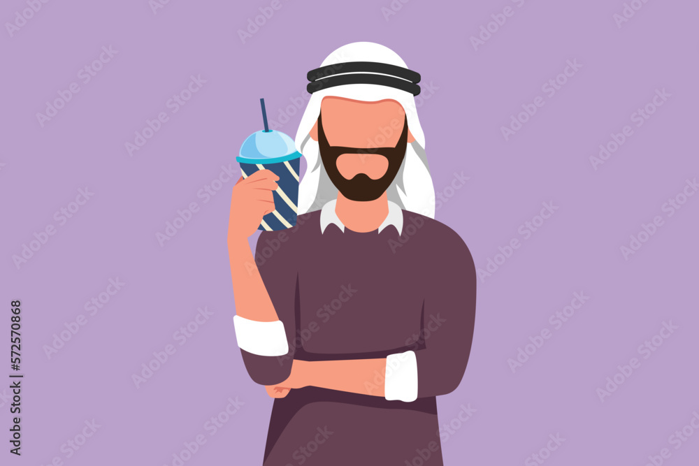 Character flat drawing portrait of handsome man holding glass of orange juice with one hand folded. Arab male feels thirsty and try to refreshing in summer season. Cartoon design vector illustration