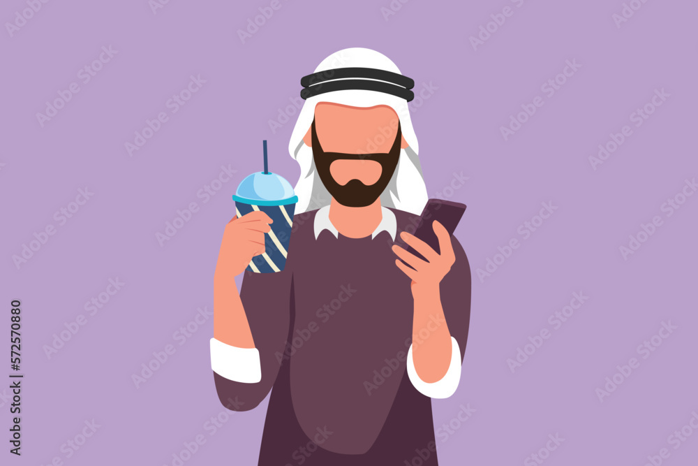 Cartoon flat style drawing handsome Arab man looking at mobile phone and holding glass of orange juice while having breakfast at home. Morning routine before work. Graphic design vector illustration