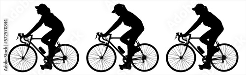 A group of cyclists in hats riding bicycles. Cycling. Woman, a girl in a cap with a bicycle. Cycling at the velodrome. Bike. Side view, profile. Three black female silhouettes are isolated on a white