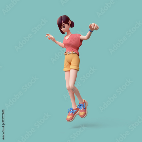 Fototapeta Naklejka Na Ścianę i Meble -  Cute kawaii funny asian brunette k-pop girl wears fashion casual clothes yellow shorts, red t-shirt jumps hovering in air in zero gravity in dreams, inspiration. 3d render on light turquoise backdrop.