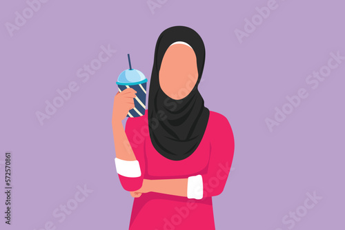 Graphic flat design drawing Arabian woman holding glass of orange juice with one hand folded. Attractive female feels thirsty and try to refreshing in summer season. Cartoon style vector illustration