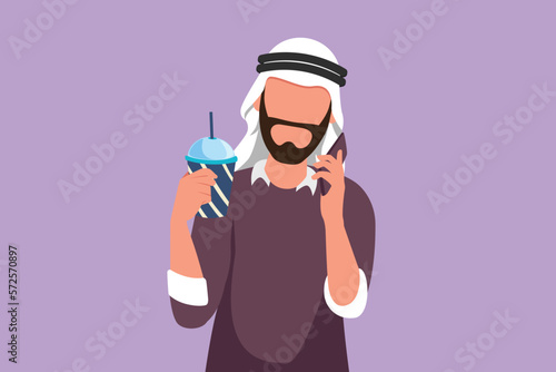 Character flat drawing handsome Arabian man drinking orange juice while making phone call with smartphone and having breakfast at home. Morning routine before work. Cartoon design vector illustration