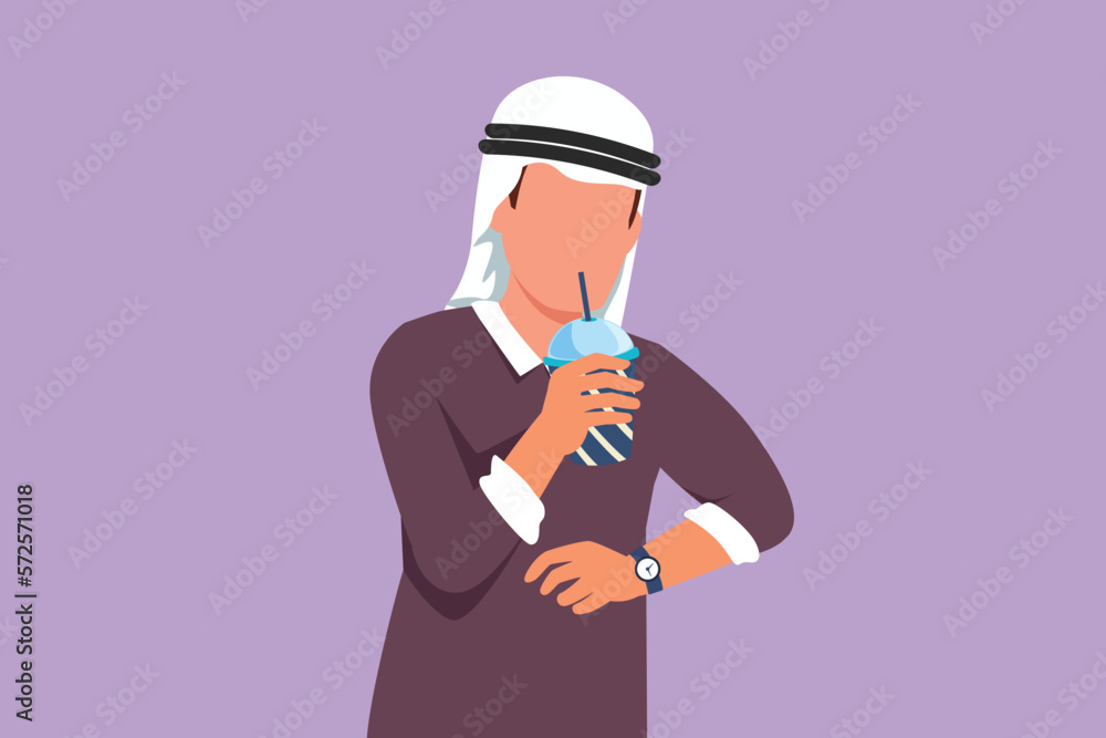 Cartoon flat style drawing active Arab man drink orange juice from plastic cup while looking at his watch. Busy time at office hour. Male feel thirsty in hot summer. Graphic design vector illustration Cartoon flat style drawing active Arab man drink orange juice from plastic cup while looking at his watch. Busy time at office hour. Male feel thirsty in hot summer. Graphic design vector illustration