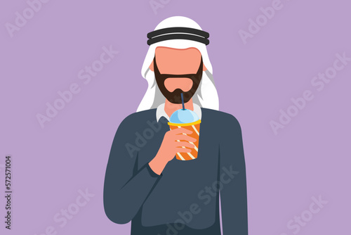 Character flat drawing portrait of Arab man holding plastic cup and drink orange juice in hot summers. Busy time at office hour. Healthy male feels thirsty at work. Cartoon design vector illustration