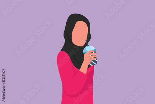 Cartoon flat style drawing beauty Arabian woman drink cold orange juice from plastic cup. Busy time at office hour. Female feel thirsty and try to refresh in summer. Graphic design vector illustration