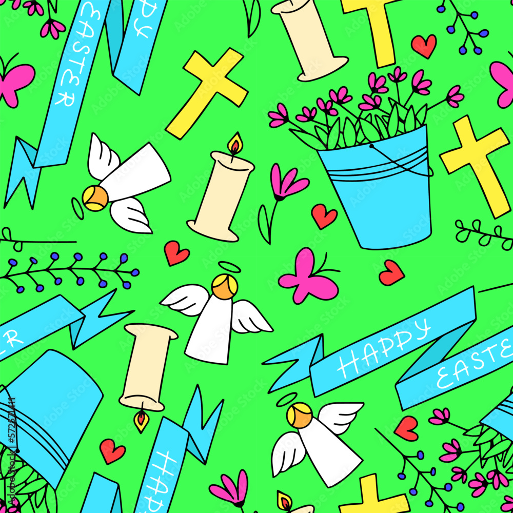 Religion seamless pattern. Bright color. Happy Easter, spring holiday. Doodle vector illustration. Religion seamless pattern. Bright color. Happy Easter, spring holiday. Doodle vector illustration.