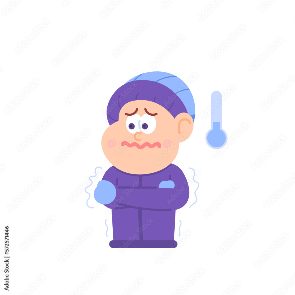 hypothermia. drastic decrease in body temperature due to being in a cold temperature environment for a long time. a boy who has fever and shivering from the cold. illness and health. illustration 