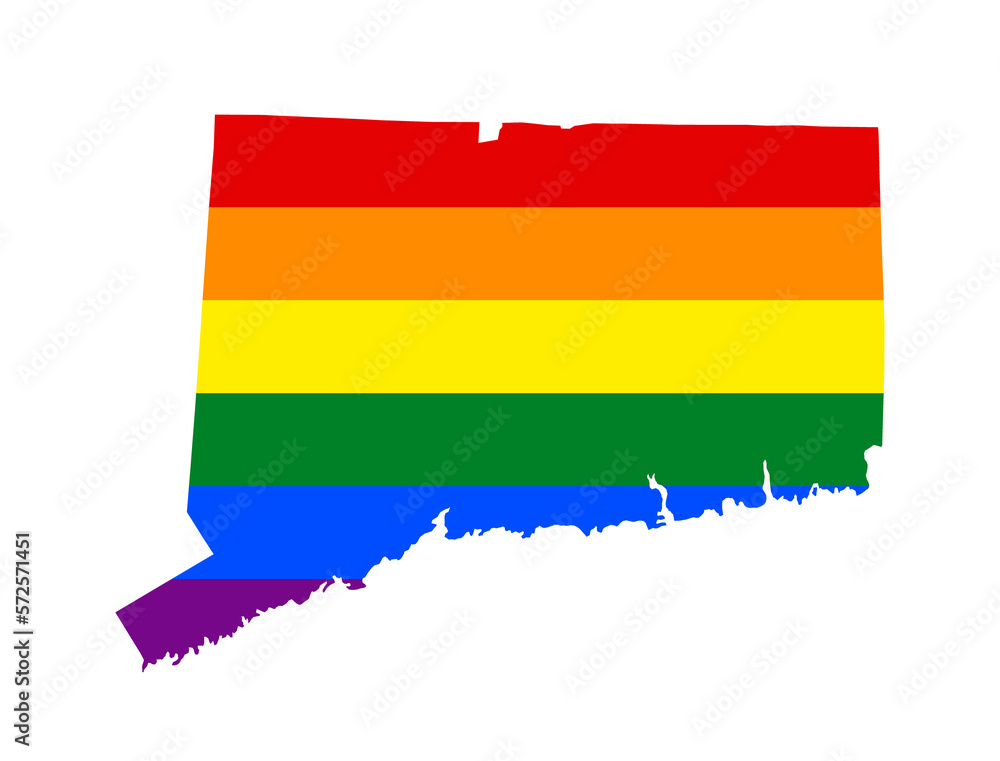 Obraz premium LGBT flag map of the Connecticut. PNG rainbow map of the Connecticut in colors of LGBT (lesbian, gay, bisexual, and transgender) pride flag.