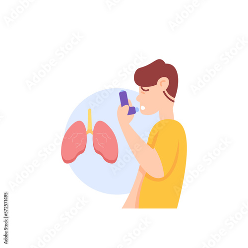 a boy using inhaler to relieve asthma. experiencing breathlessness or difficulty in breathing. asthma medications. lung diseases. illness and health. illustration concept design. graphic elements