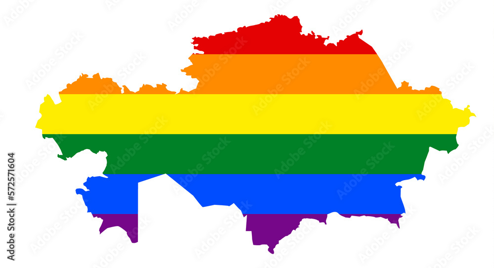 LGBT flag map of the Kazakhstan. PNG rainbow map of the Kazakhstan in colors of LGBT (lesbian, gay, bisexual, and transgender) pride flag.