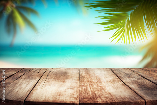 Top of wood table with seascape and palm leaves  blur bokeh light of calm sea and sky at tropical beach background. Empty ready for your product  Generative AI