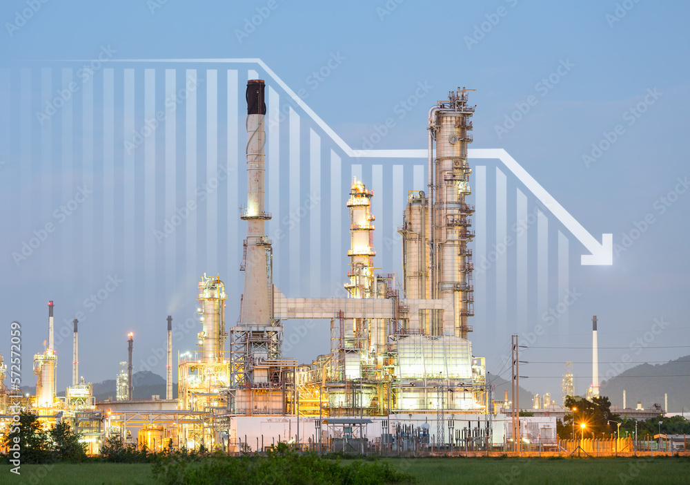 Oil gas refinery or petrochemical plant. Include arrow, graph or bar chart. Decrease trend or low of production, market price, demand, supply. Concept of business, industry, fuel, power energy.