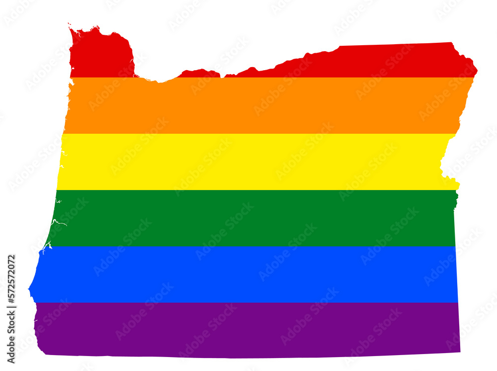 Obraz premium LGBT flag map of the Oregon. PNG rainbow map of the Oregon in colors of LGBT (lesbian, gay, bisexual, and transgender) pride flag.
