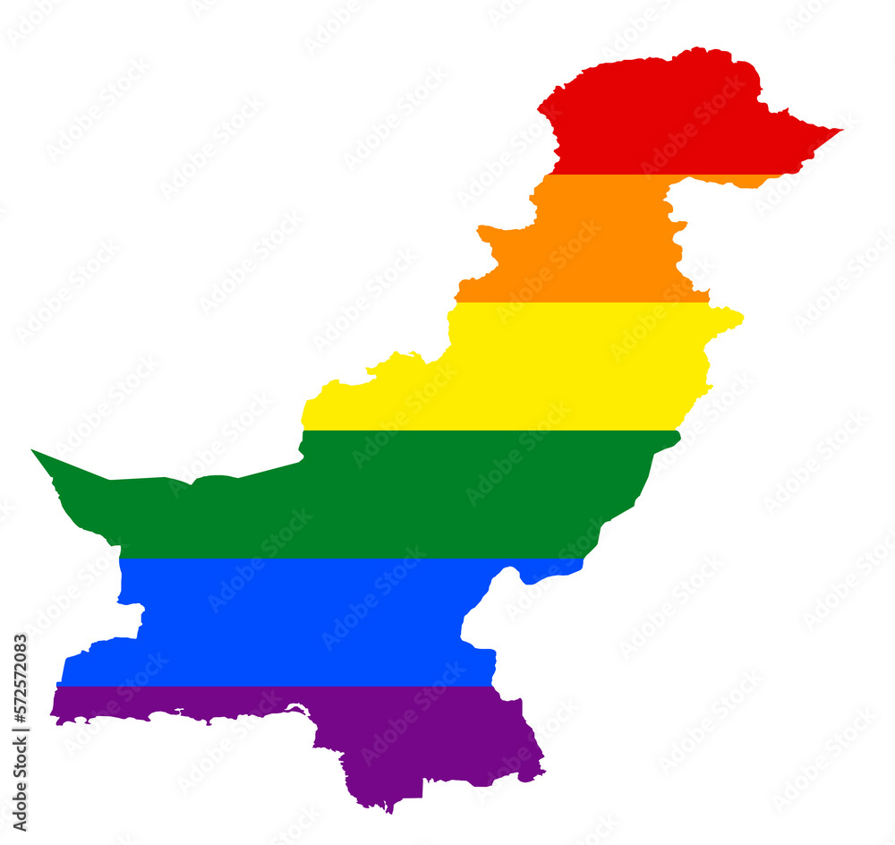 LGBT flag map of the Pakistan. PNG rainbow map of the Pakistan in colors of LGBT (lesbian, gay, bisexual, and transgender) pride flag.