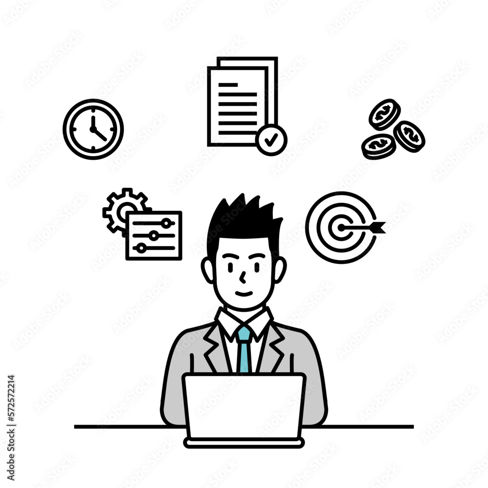 A cartoon stock illustration expressing a business man working on a laptop. Illustration about stocks, finance, business, assets, etc. A cartoon stock illustration expressing a business man working on a laptop. Illustration about stocks, finance, business, assets, etc.