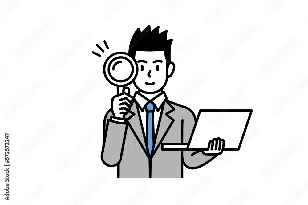 A cartoon stock illustration depicting a business man holding a laptop and a magnifying glass. Illustration about stocks, finance, business, education, etc. A cartoon stock illustration depicting a business man holding a laptop and a magnifying glass. Illustration about stocks, finance, business, education, etc.
