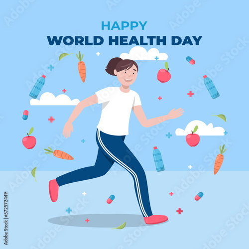 Ilustración del día mundial de la salud con niña corriendo 