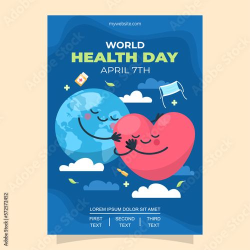 Poster del día mundial de la salud con planeta cuidando al corazón