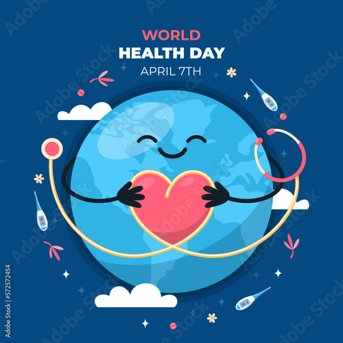 Ilustración del día mundial de la salud con corazón, estetoscópio y planeta