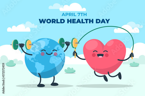 Ilustración del día mundial de la salud con planeta y corazón haciendo ejercicio