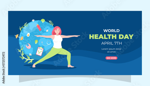 Banner del día mundial de la salud con mujer haciendo ejercicio, planeta y objetos relacionados con la salud