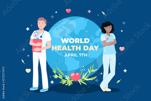 Ilustración del día mundial de la salud con doctor hombre y doctora mujer