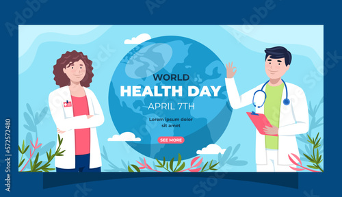 Banner del día mundial de la salud con doctor hombre y doctora mujer