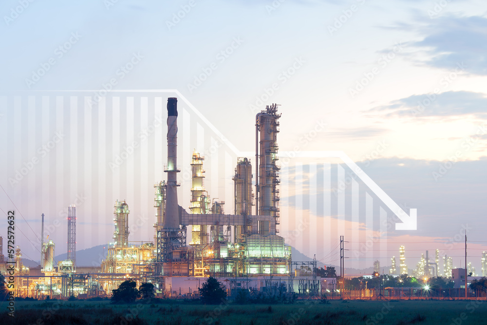 Oil gas refinery or petrochemical plant. Include arrow, graph or bar chart. Decrease trend or low of production, market price, demand, supply. Concept of business, industry, fuel, power energy.
