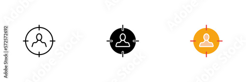 Man on target. Target audience, advertising, targeting, niche content, integration. Vector set of icons in line, black and colorful styles isolated on white background.