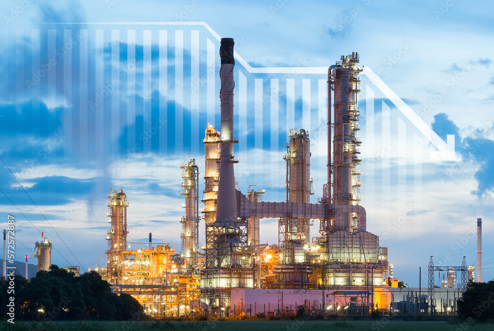 Oil gas refinery or petrochemical plant. Include arrow, graph or bar chart. Decrease trend or low of production, market price, demand, supply. Concept of business, industry, fuel, power energy.
Oil gas refinery or petrochemical plant. Include arrow, graph or bar chart. Decrease trend or low of production, market price, demand, supply. Concept of business, industry, fuel, power energy.