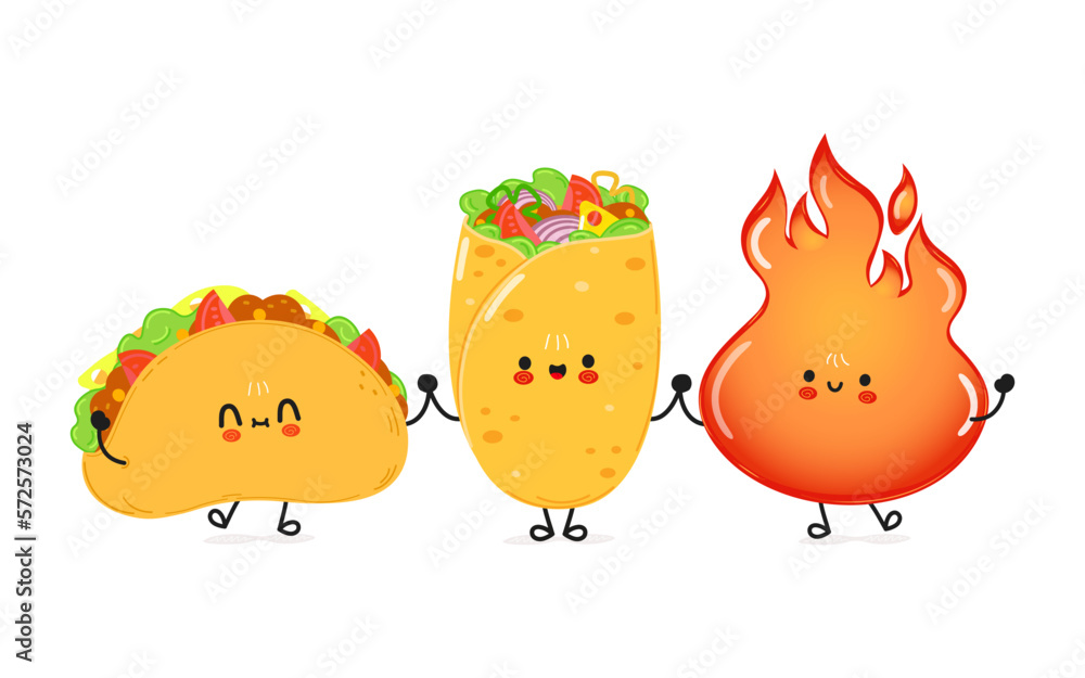 Cute happy taco burrito and fire card. Vector hand drawn doodle style cartoon character illustration icon design. Happy taco burrito and fire  friends concept card. Mexican food card