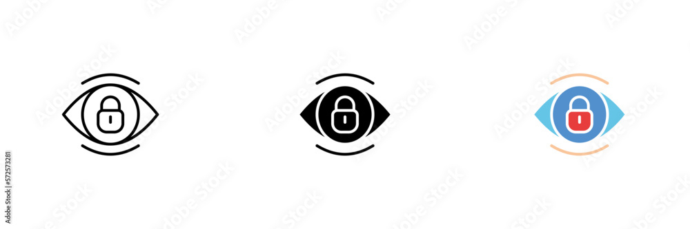 Eye icon with a lock. Biometric data, retinal unlock, advanced security technology. Vector set of icons in line, black and colorful styles isolated on white background. Eye icon with a lock. Biometric data, retinal unlock, advanced security technology. Vector set of icons in line, black and colorful styles isolated on white background.