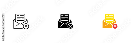 Envelope icon with a letter and a cross. Correspondence ban, missed letter. Vector set of icons in line, black and colorful styles isolated on white background.