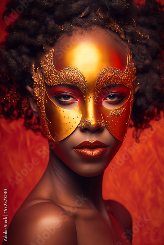 Sexy black woman wearing a carnival mask  red and golden color  generative ai