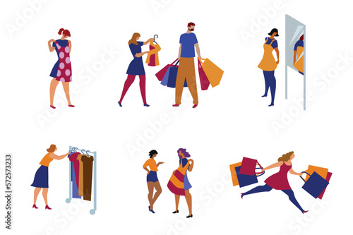 People shopping, vector illustration of People in clothing store bei try-on. Characters set. Clip art, colours.