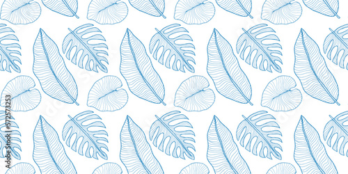 Pale blue seamless vector tropical pattern with palm leaves, banana leaves, monstera leaves for textiles, wrapping paper, covers