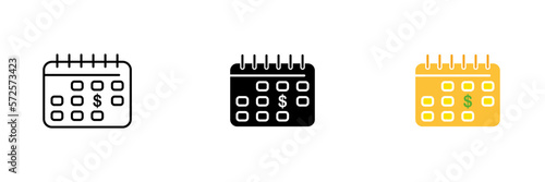 Dollar calendar icon. Business plan, financial quarter, income monitoring. Vector set of icons in line, black and colorful styles isolated on white background.