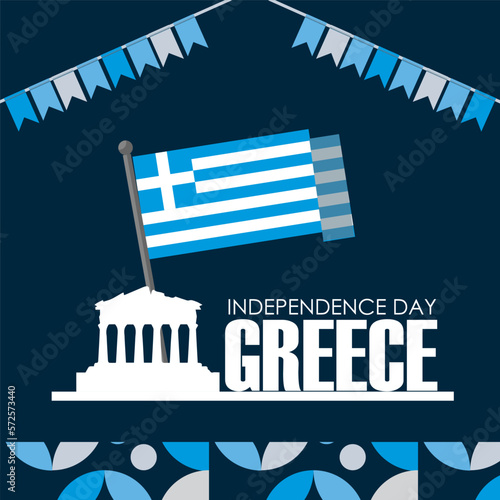 greece independence day banner with greek flag colors theme background and geometric abstract retro modern design. Multiple landscapes of greece, celebration of independence day.
