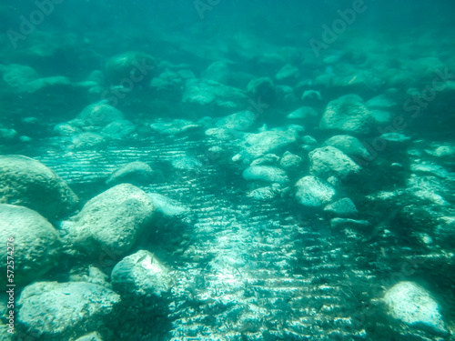 Fondo marino de arena con rocas y algas, fotografía submarina. Fondo marino de la costa del mar Jónico, costa de Pizzo en Italia.