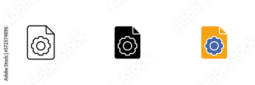 File icon with gear. Setting punctuation and orientation of files, setting formats. Vector set of icons in line, black and colorful styles isolated on white background.