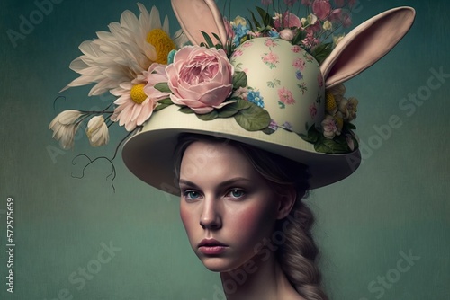 Portrait painting of a young woman in a contemporary Easter bonnet