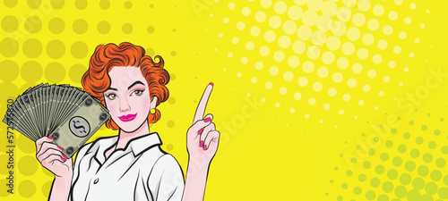 Beautiful Businesswoman Surprise Success with Falling Money and Say WOW OMG Pop Art Retro Cartoon Style. vector illustration