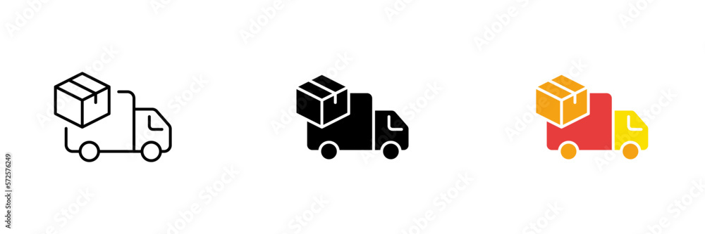 Delivery van icon with box. Home delivery, intercontinental transport. Vector set of icons in line, black and colorful styles isolated on white background. - obrazy, fototapety, plakaty 