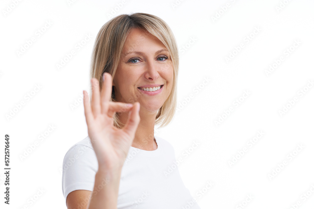 Picture of blonde woman over back isolated background showing ok Picture of blonde woman over back isolated background showing ok