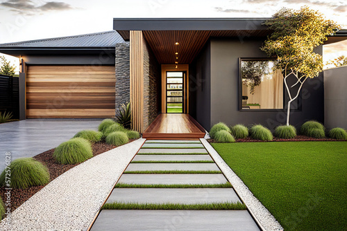 In contemporary Australian residences, front yards are adorned with artificial grass lawn turf bordered by timber edging, blending modern aesthetics with natural elements