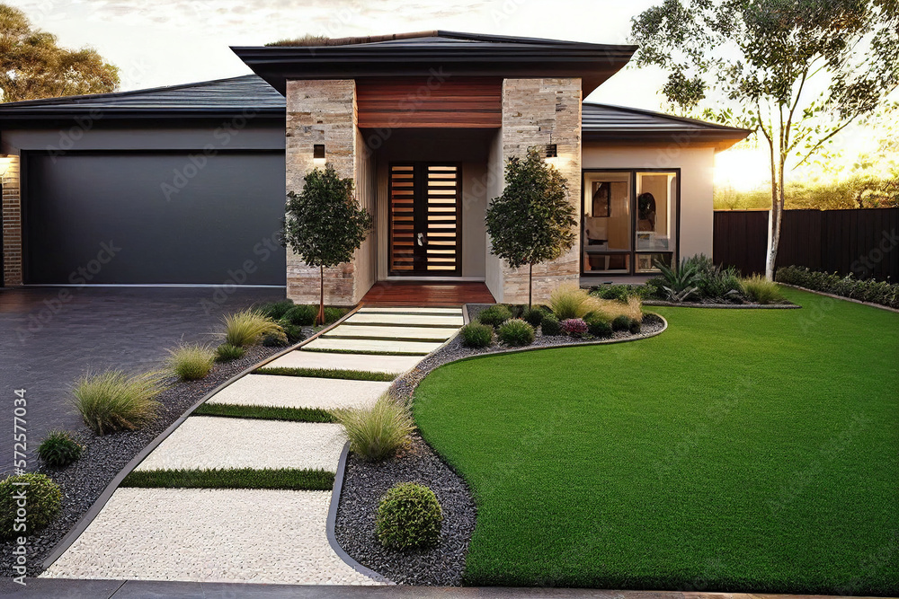 A contemporary Australian home or residential buildings front yard features artificial grass lawn turf with timber edging - obrazy, fototapety, plakaty 