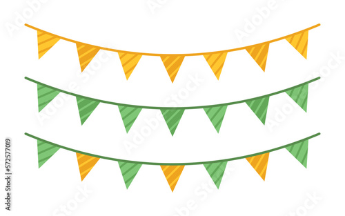 Vector St Patricks day set with green and yellow bunting. Collection for celebrating St Patricks day. Striped triangular flag garlands in flat design.