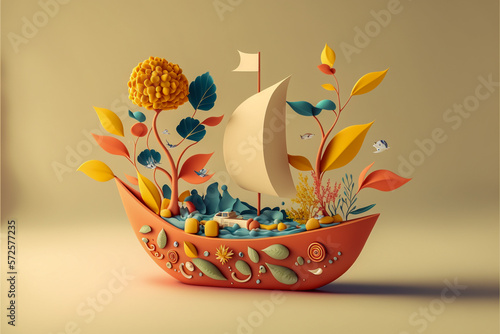 Ship with botanical elements, 3d rendering, generative ai